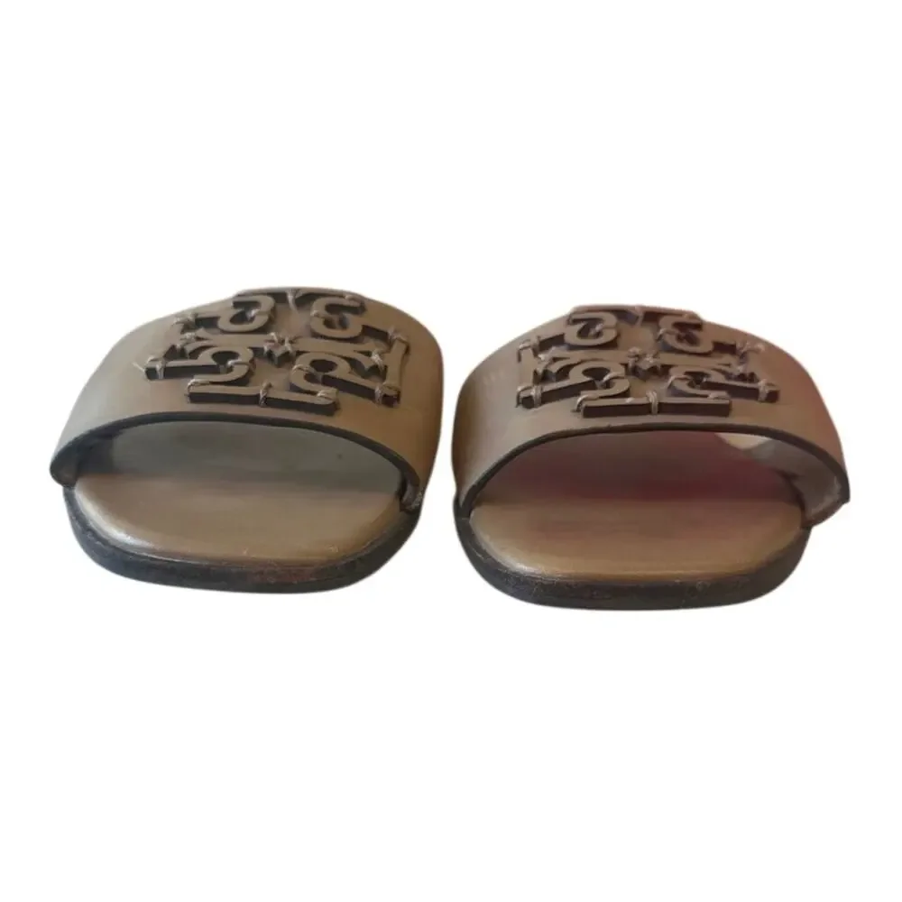 Tory Burch Ines Leather Slides Almond Beige Sandals 9